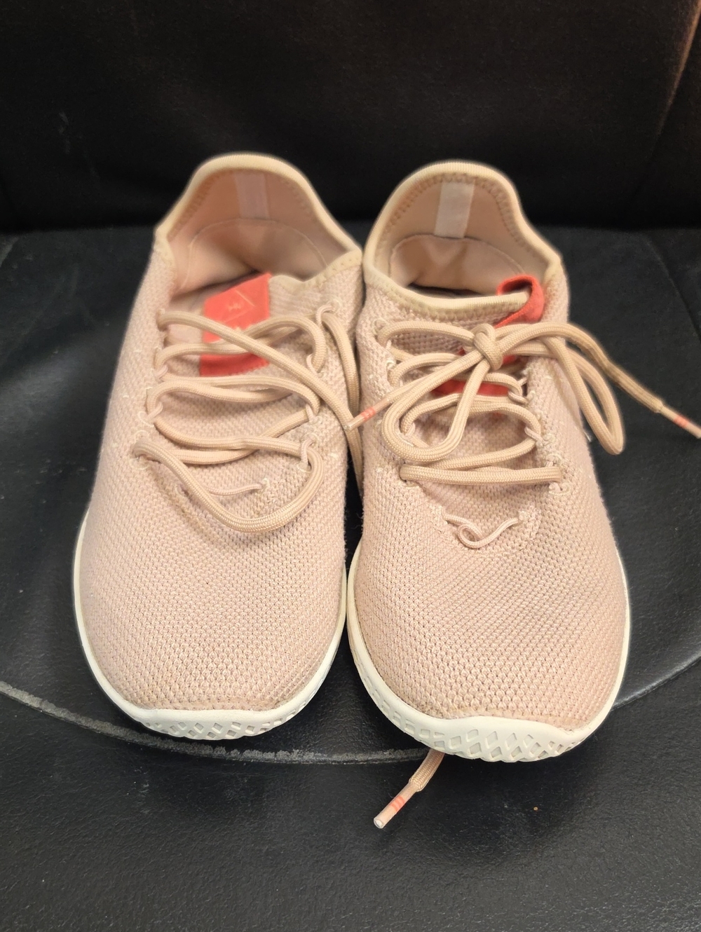 adidas Women’s Light Beige Knit Lace-Up Sneakers with Coral Accent